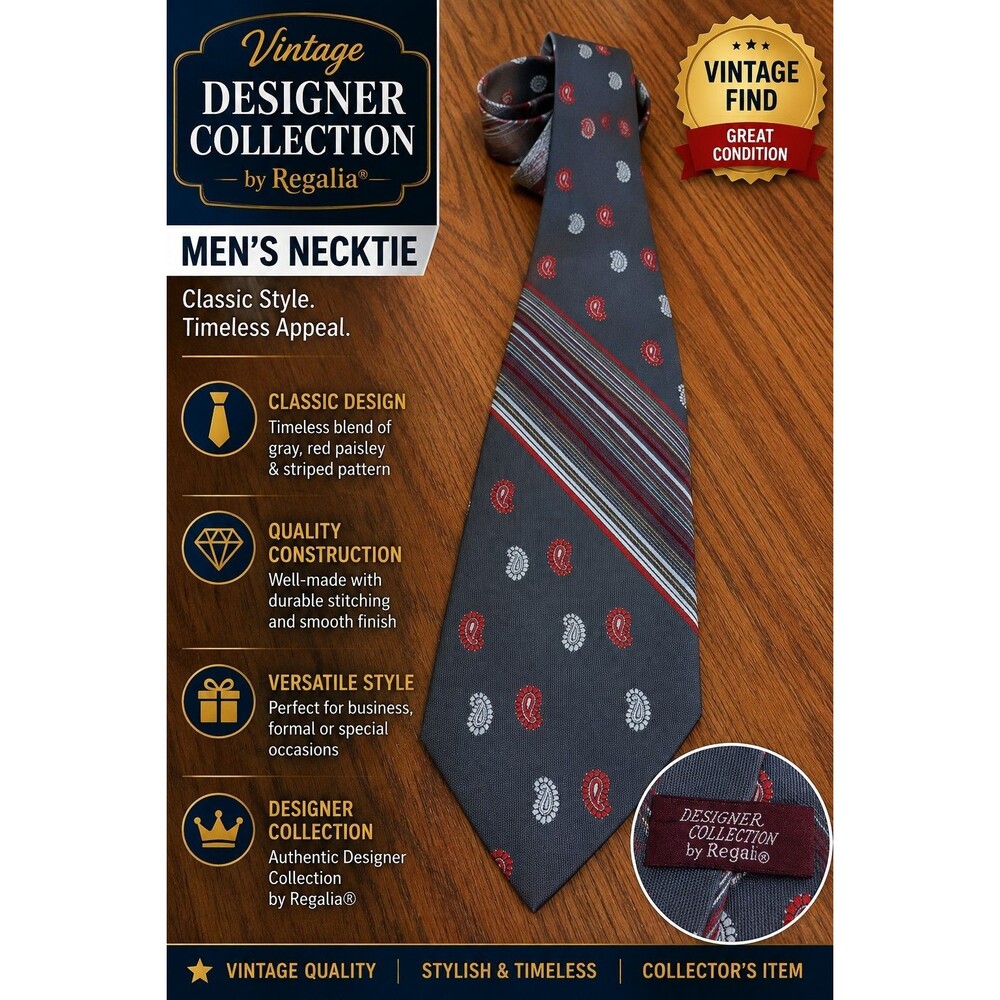 Vintage Regalia Men's Necktie Gray Red Paisley Striped Classic Retro Tie